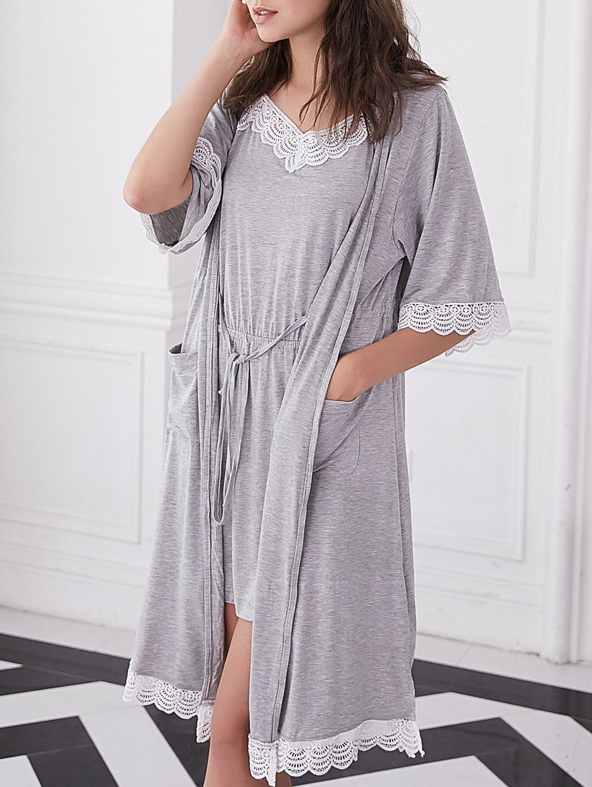 

Lace Trim Dress with Sleeping Robe, Light gray