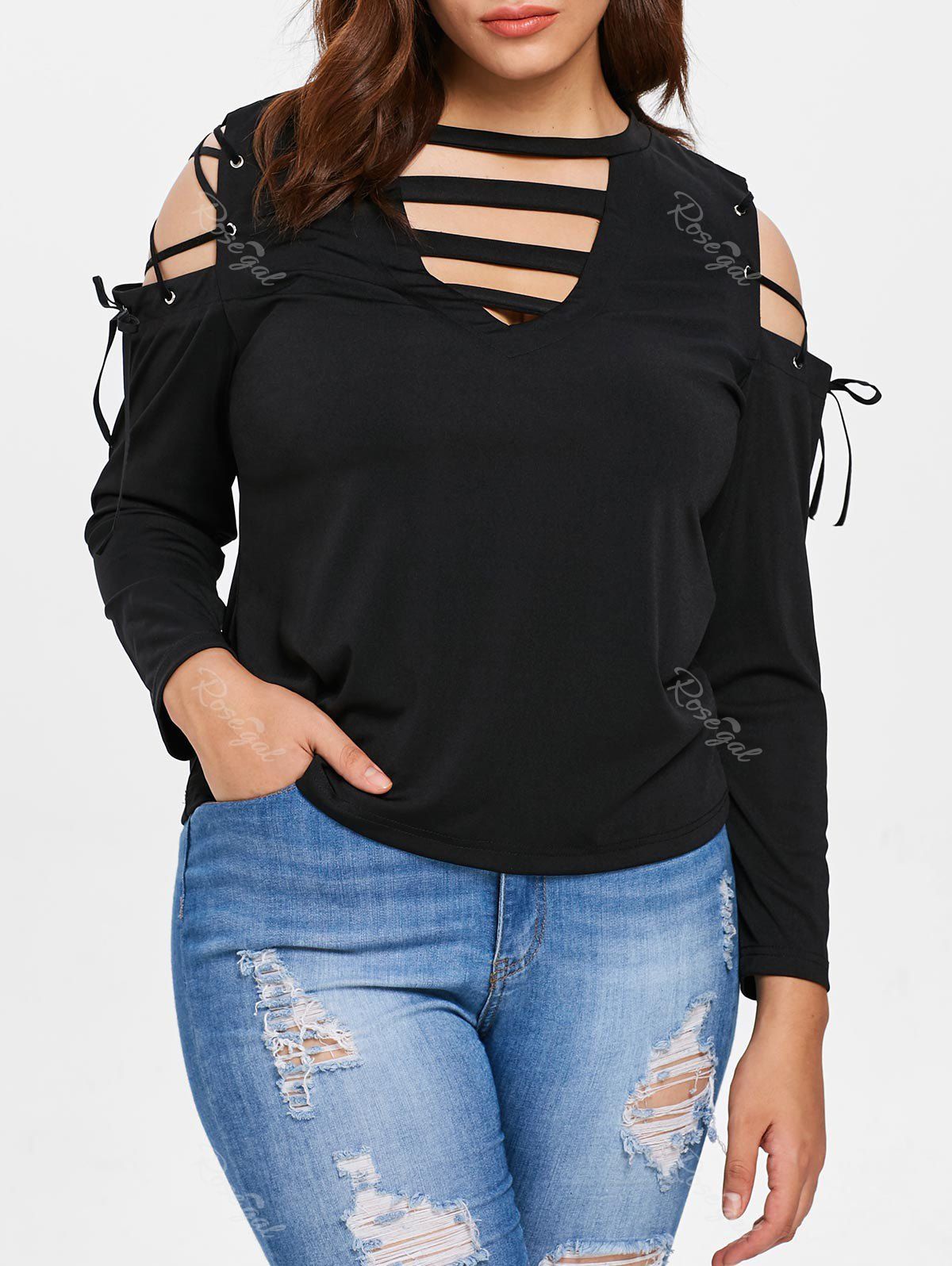 

Plus Size Cold Shoulder Ladder Cut T-shirt, Black
