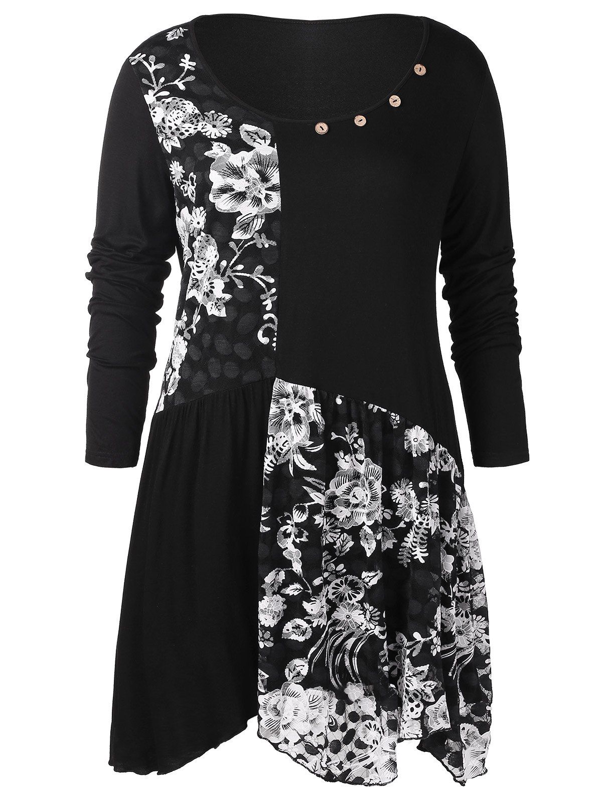 

Plus Size Long Sleeves Buttons Longline Floral Top, Black