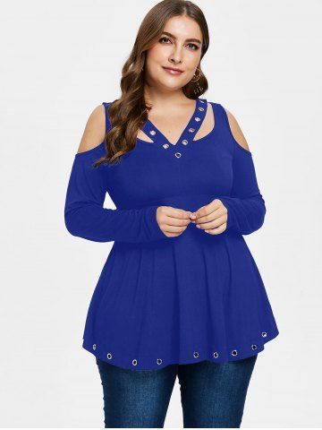 

Cold Shoulder Plus Size Grommet T-shirt, Cobalt blue