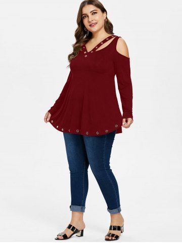 

Cold Shoulder Plus Size Grommet T-shirt, Red wine