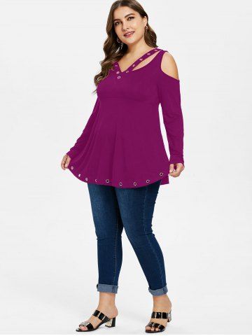 

Cold Shoulder Plus Size Grommet T-shirt, Medium violet red