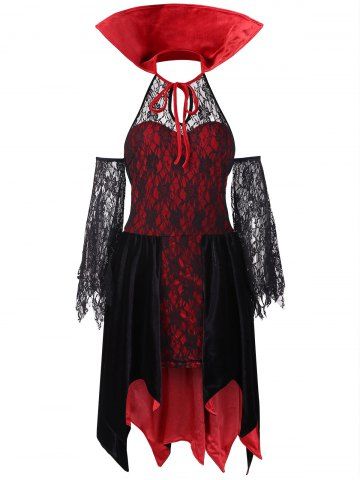 Vestido de encaje de cuello alto vestido de encaje - RED - 2XL