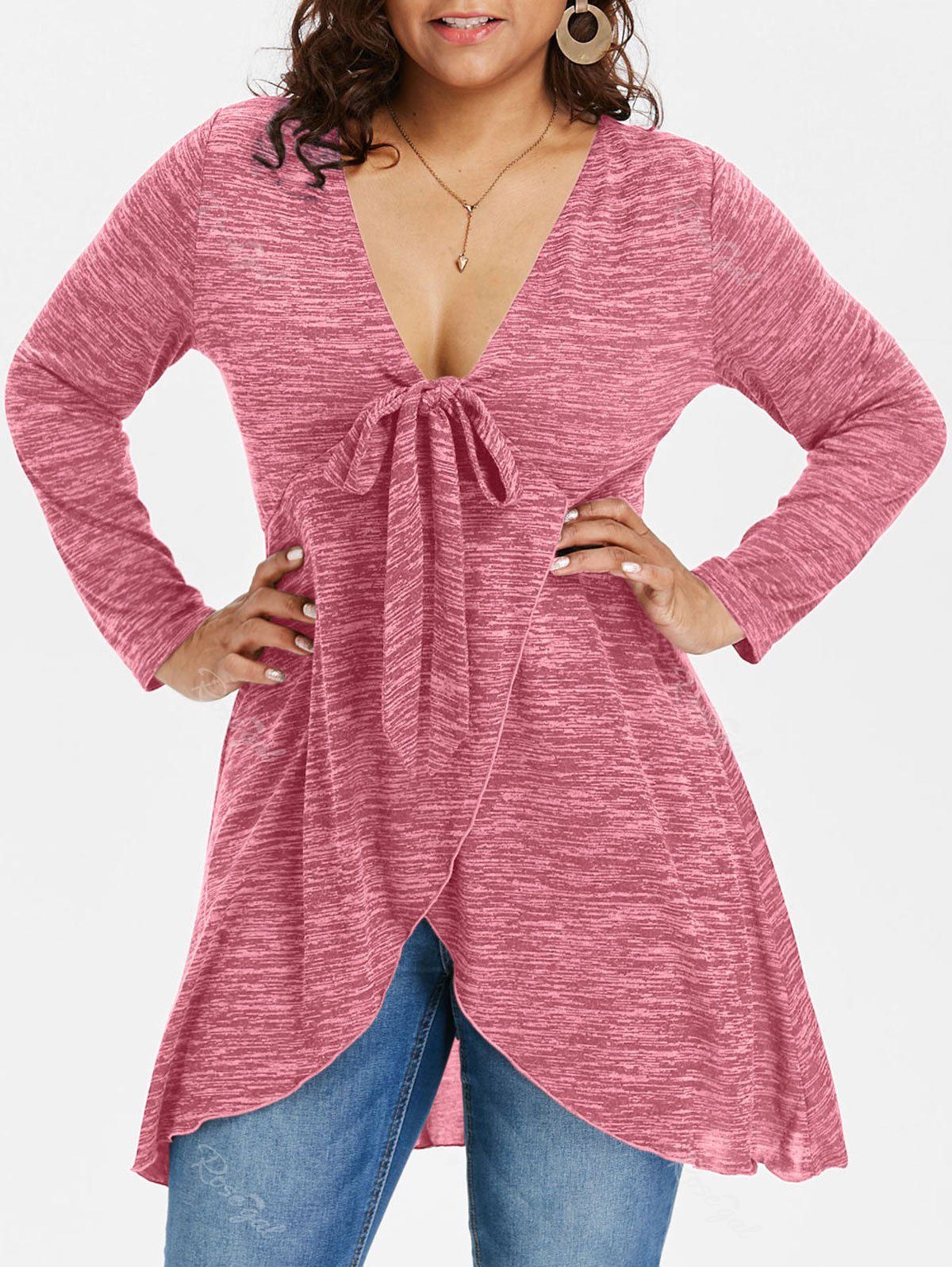 

Plus Size Tie Front Marled Tulip T-shirt, Pink rose