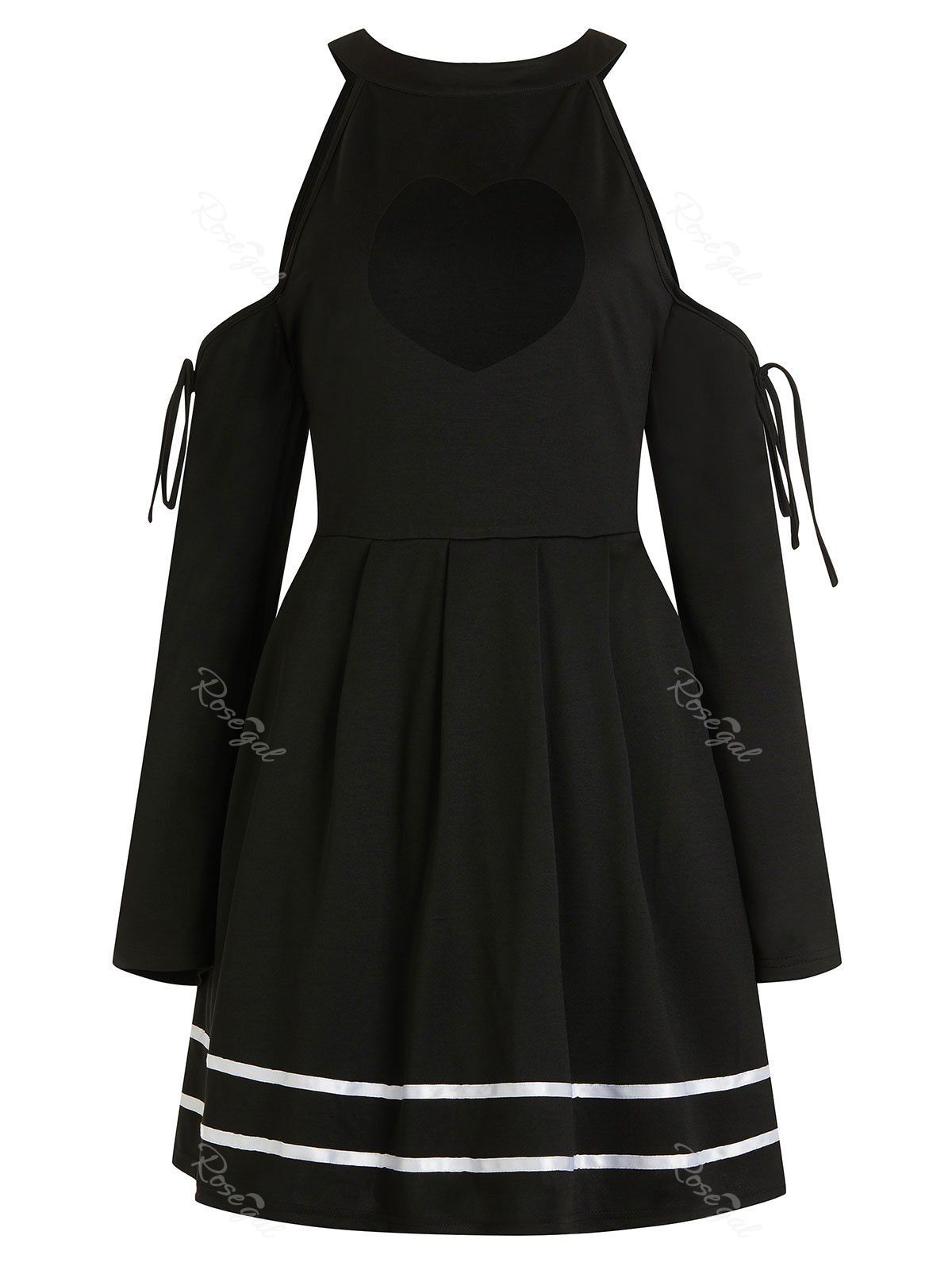 

Plus Size Cold Shoulder Heart Hollow Out Stripe Trim Dress, Black