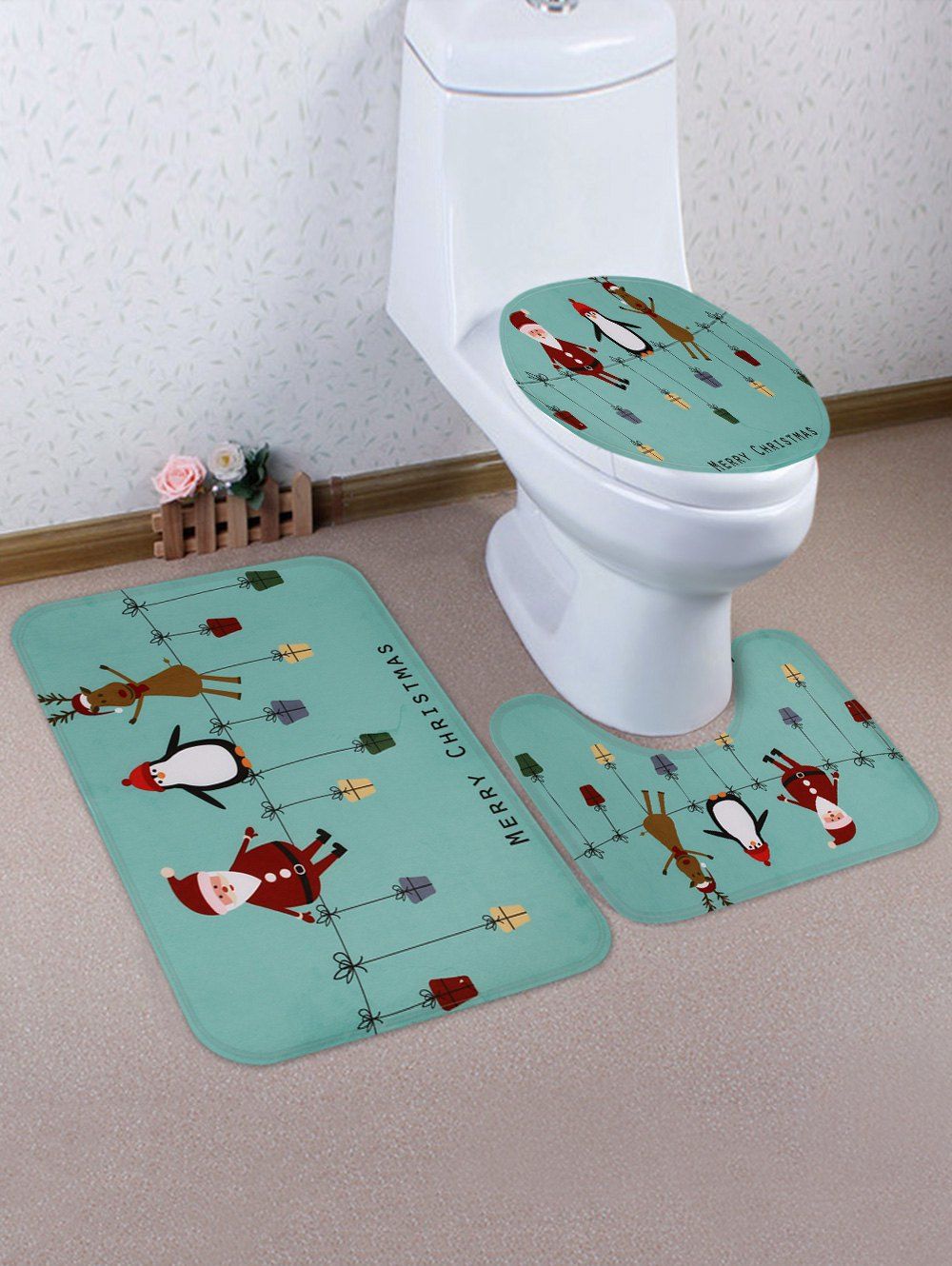 

Father Christmas Penguin Deer Printed 3 Pcs Bathroom Toilet Mat, Multi