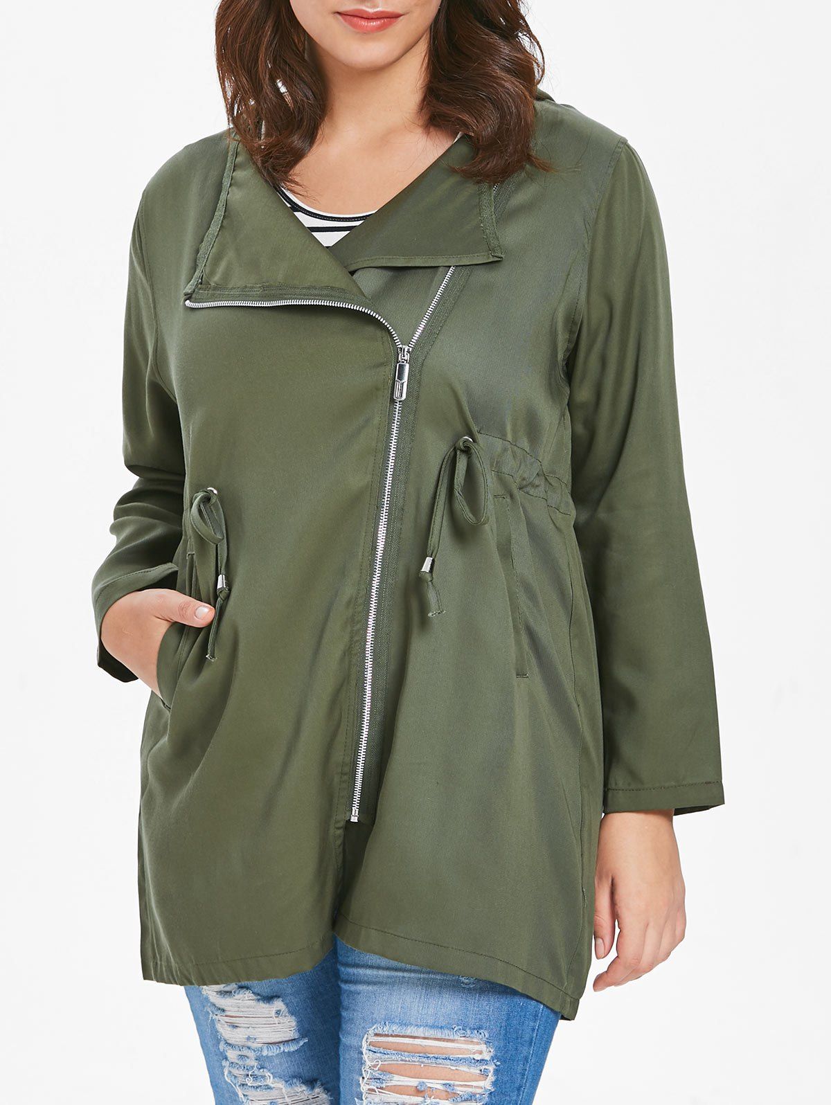 

Plus Size Skew Zipper Hooded Coat, Army green