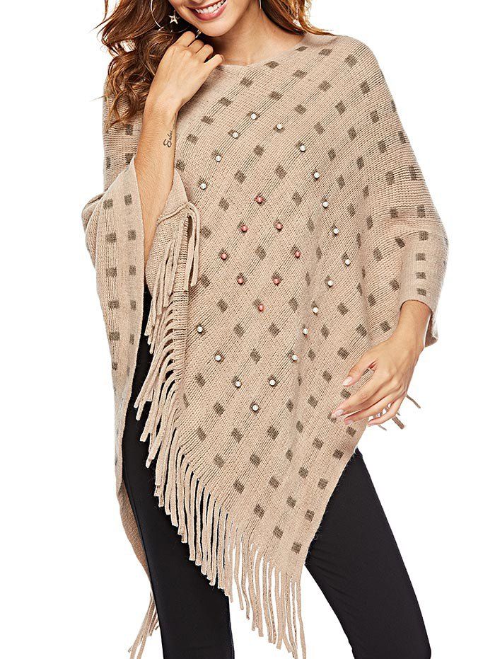

Asymmetrical Fringe Cape Sweater, Tan