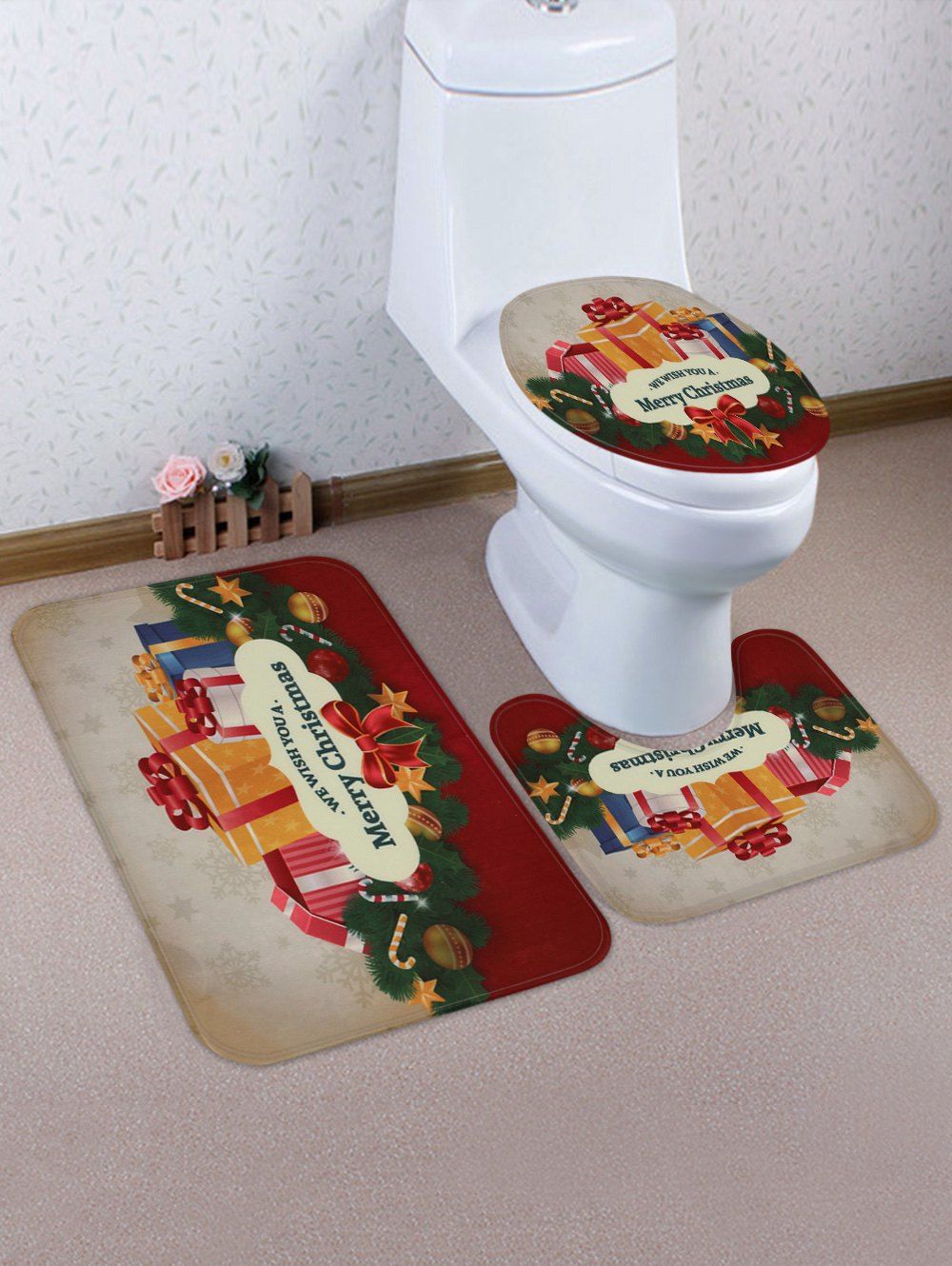 

Gift Merry Christmas Printed 3 Pcs Bathroom Toilet Mat, Multi