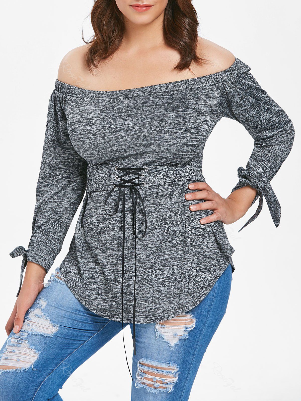 

Plus Size Tie Cuff Off The Shoulder T-shirt, Gray