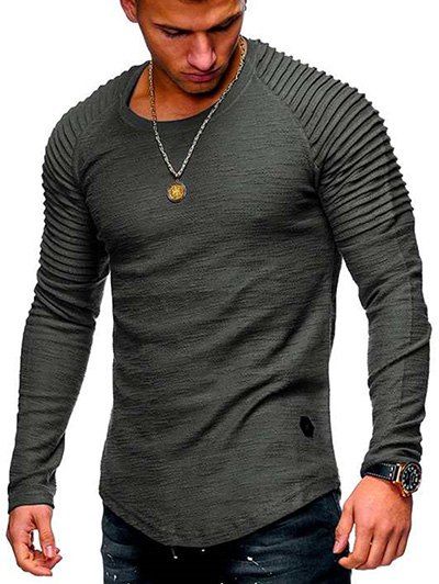 

Solid Color Patch Detail Pleated Long Sleeve Tee, Dark gray