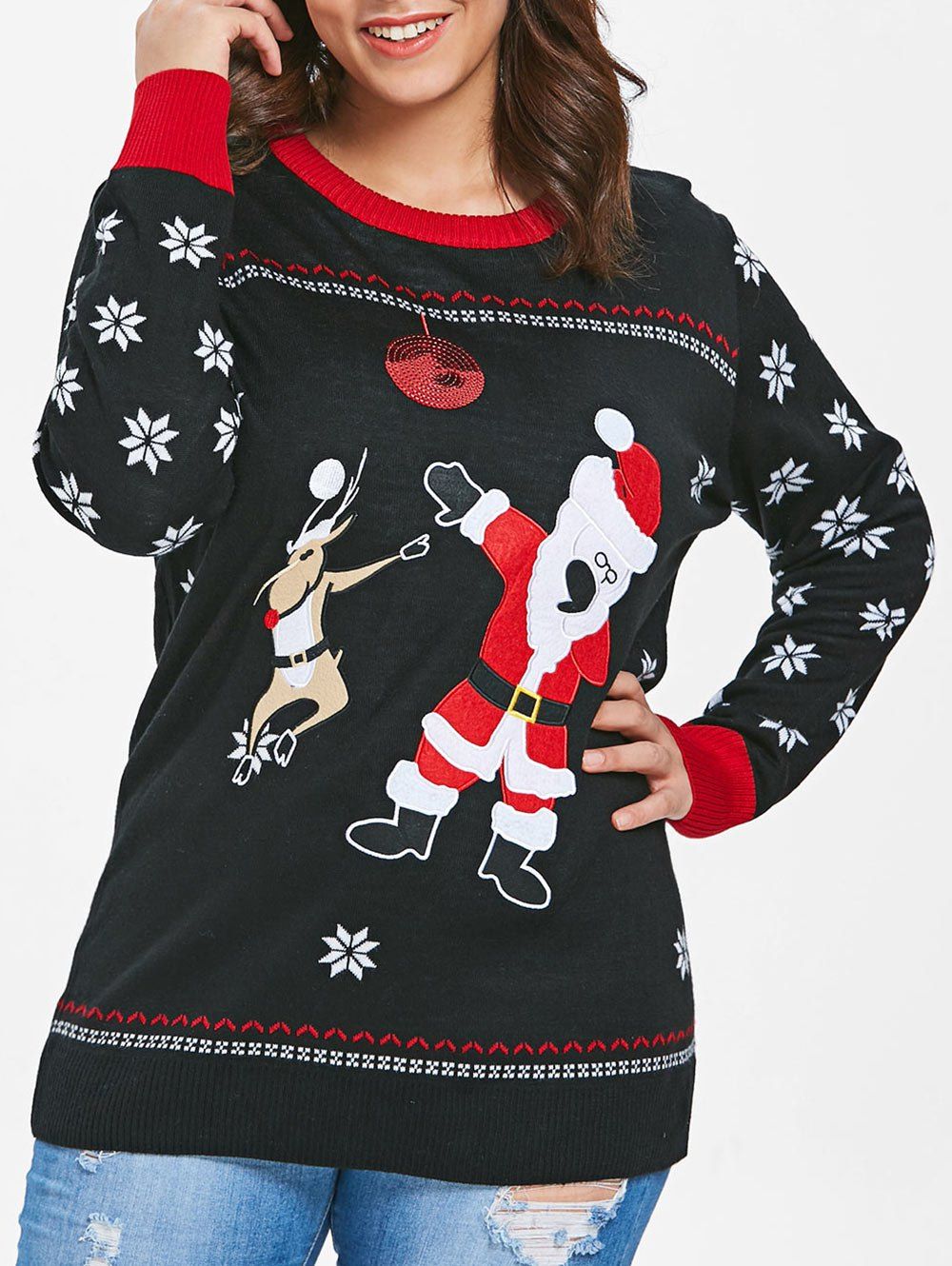 

Christmas Santa Claus Embroidery and Sequin Detail Plus Size Sweater, Black