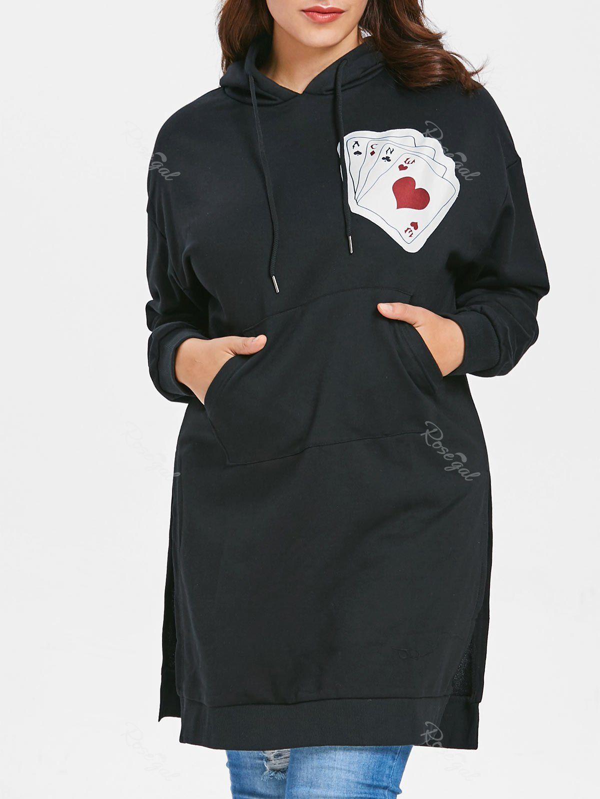 

Plus Size Playing Card Patch Hoodie, Black