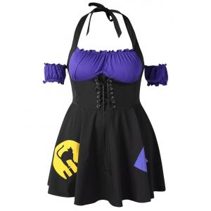 

Plus Size Open Shoulder Halter Contrast Halloween Dress, White