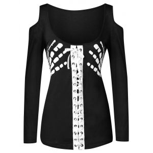 

Lace Up Skeleton Print Cold Shoulder T-shirt, Black