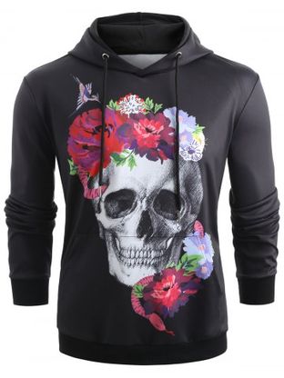Sweat-Shirt à Capuche avec Cordon de Serrage à Imprimé Crâne et Fleurs Style Halloween  