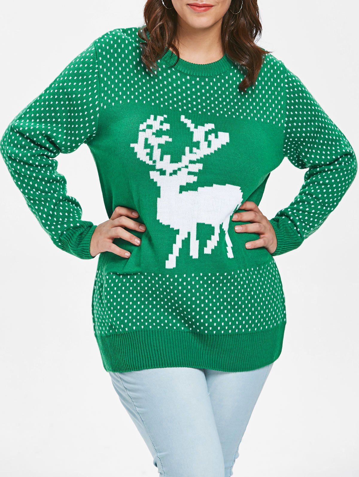 

Christmas Elk Print Plus Size Long Sleeve Pullover Sweater, Green