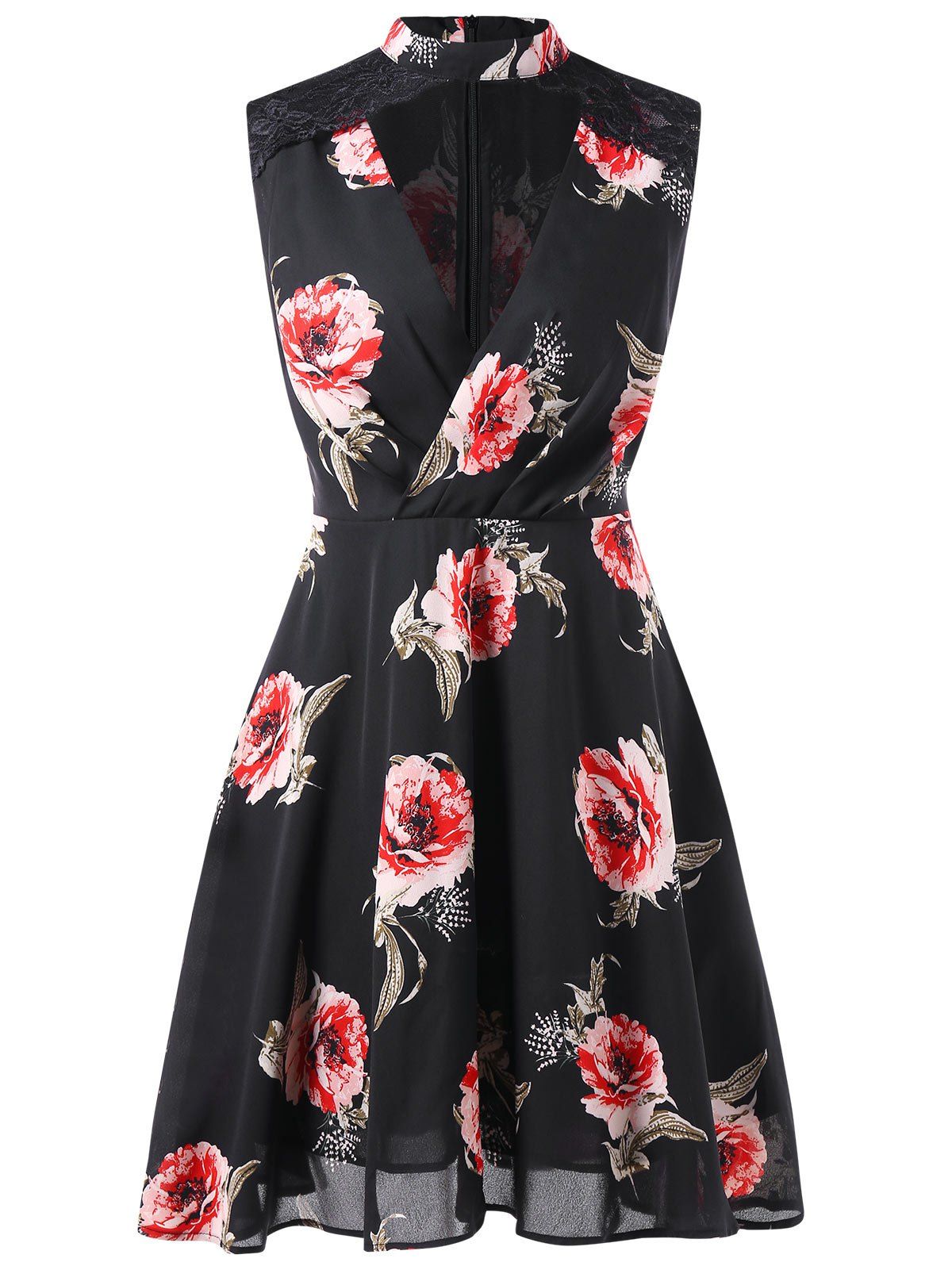 

Floral Print Mock Neck Sleeveless Dress, Black