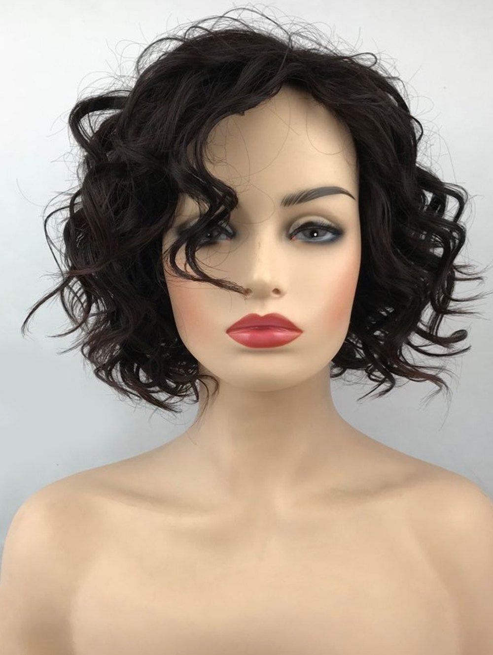 

Short Inclined Bang Wavy Cpaless Synthetic Wig, Deep coffee