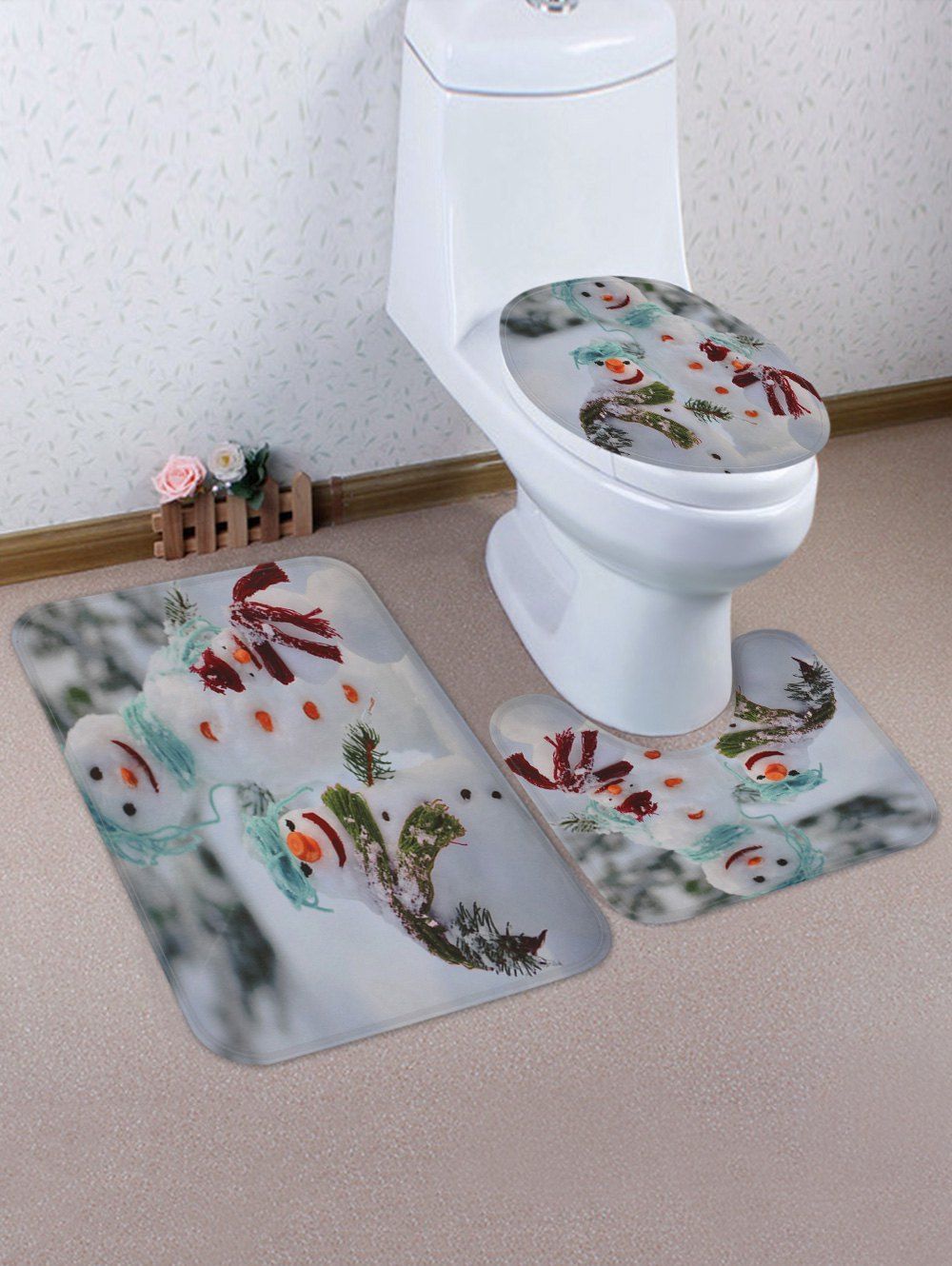 

Christmas Snowmans Printed 3 Pcs Bathroom Toilet Mat, Multi