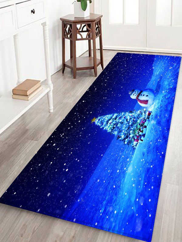 

Christmas Tree Snowman Printed Decorative Flannel Bath Mat, Ocean blue