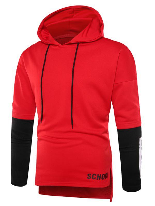 

Color Blcok Letter Print Pullover Hoodie, Red wine