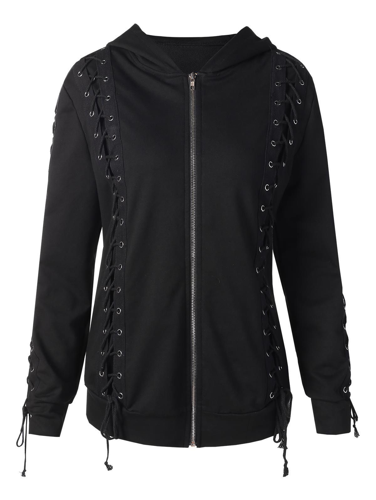 

Front Zip Lace Up Hoodie, Black