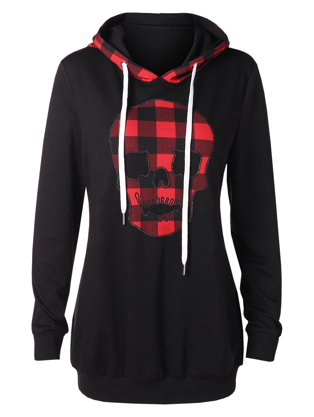 

Drawstring Plaid Skull Halloween Hoodie, Black