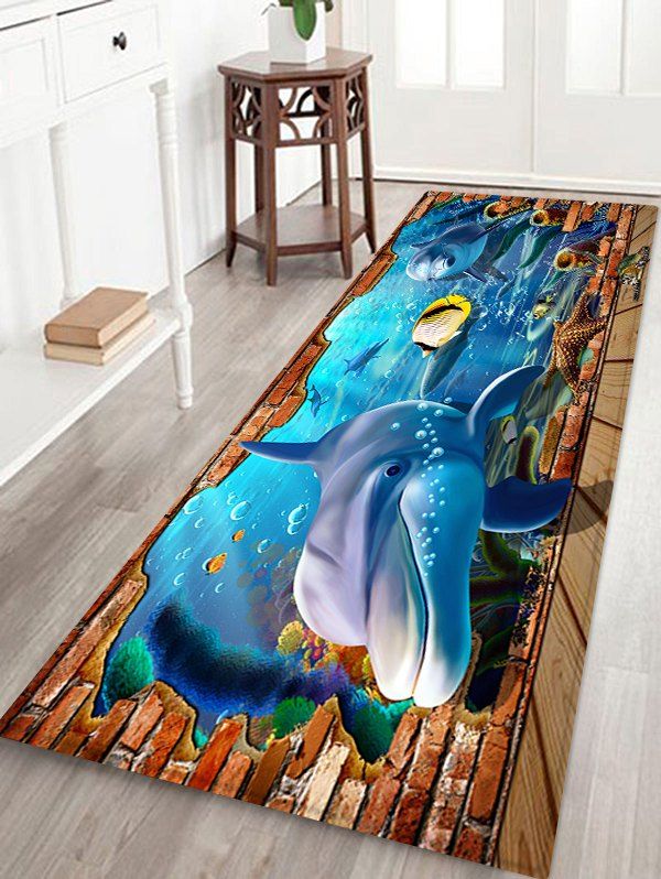 

3D Broken Dolphin Printed Decorative Flannel Bath Mat, Deep sky blue