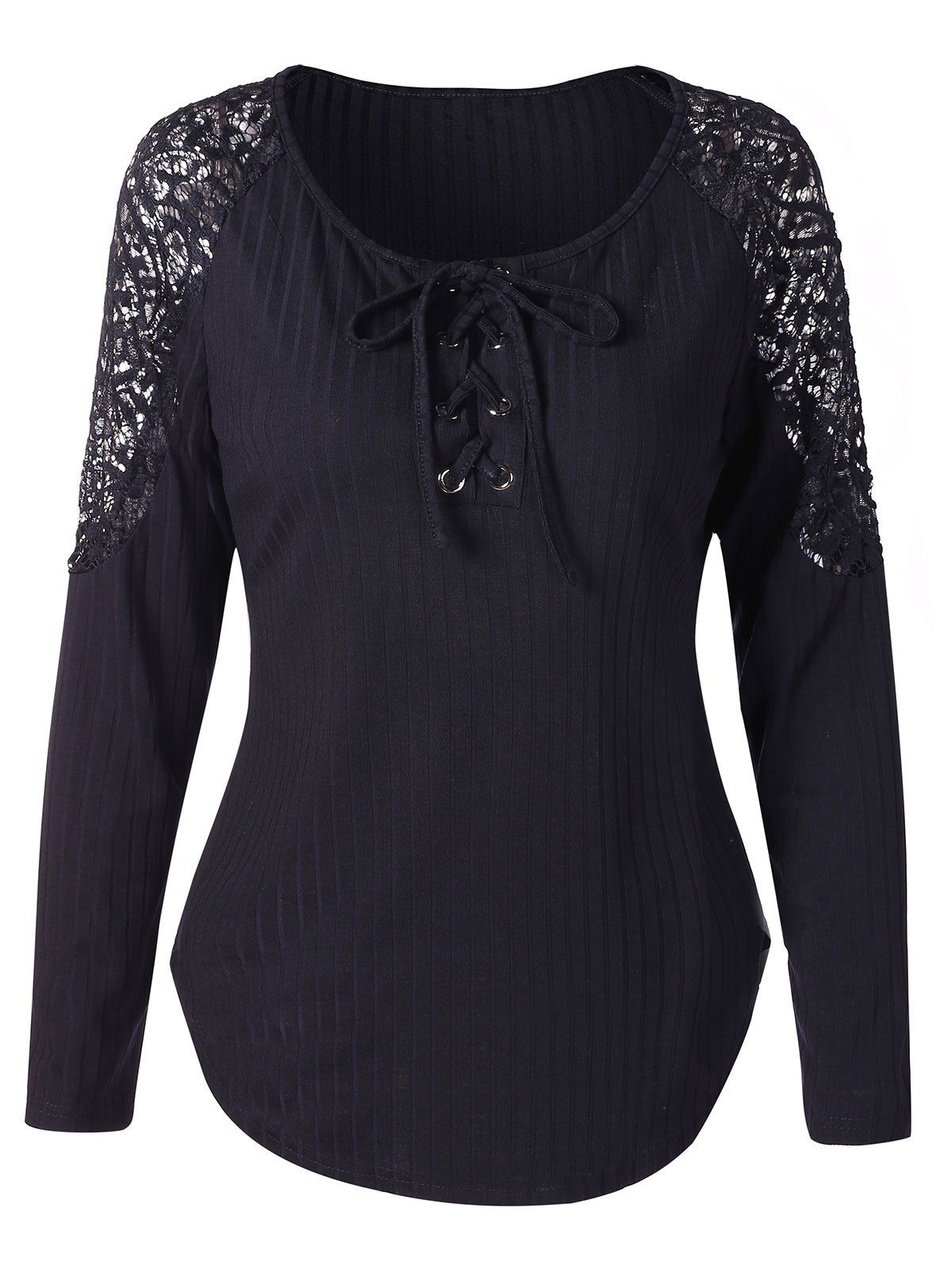 

Lace Panel Long Sleeve Knit Tee, Midnight blue