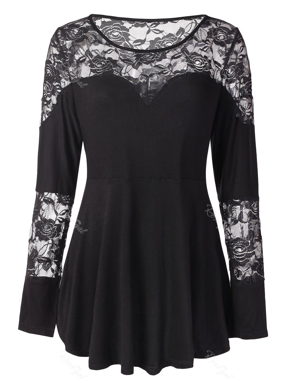

Plus Size Floral Lace Tunic Peplum Tee, Black