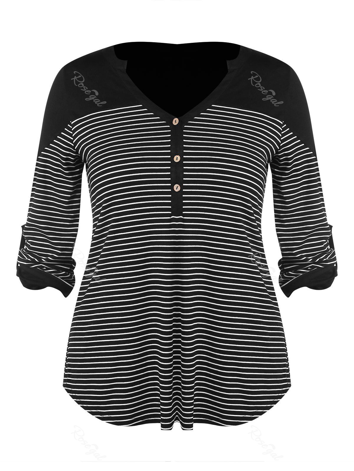 

Plus Size Buttons Striped V Neck Top, Black