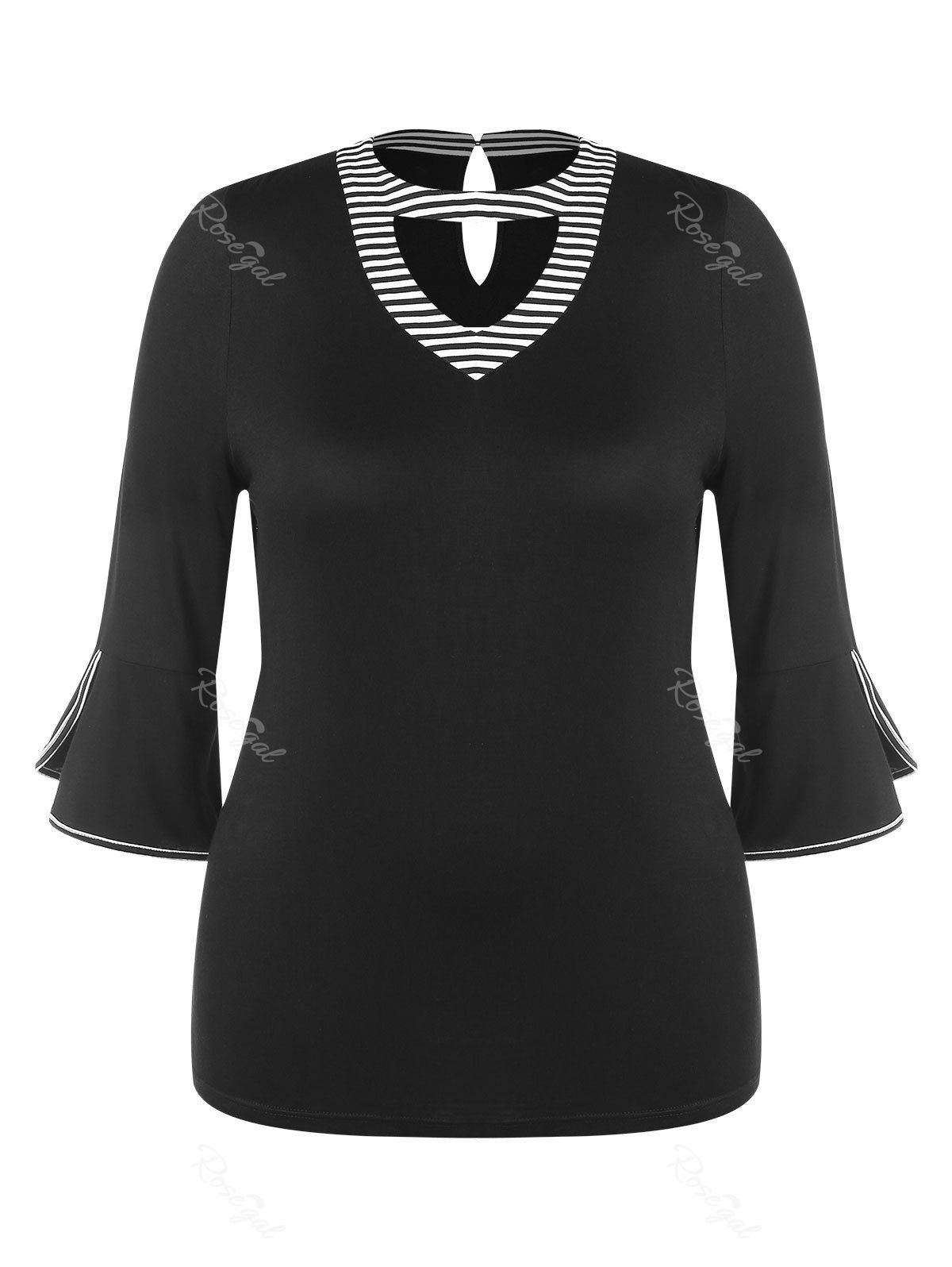 

Cutout Neck Plus Size Belled Cuff Tee, Black