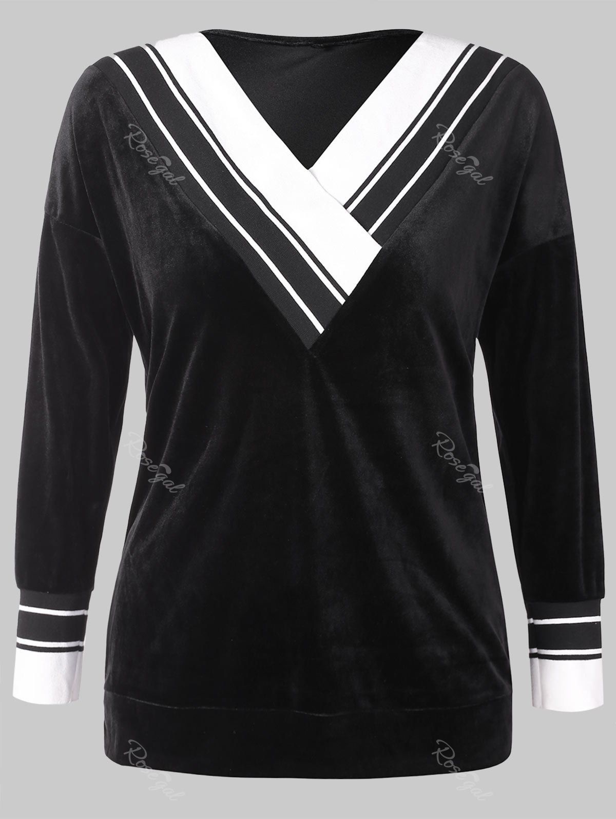

Plus Size V Neck Velvet Contrast Sweatshirt, Black