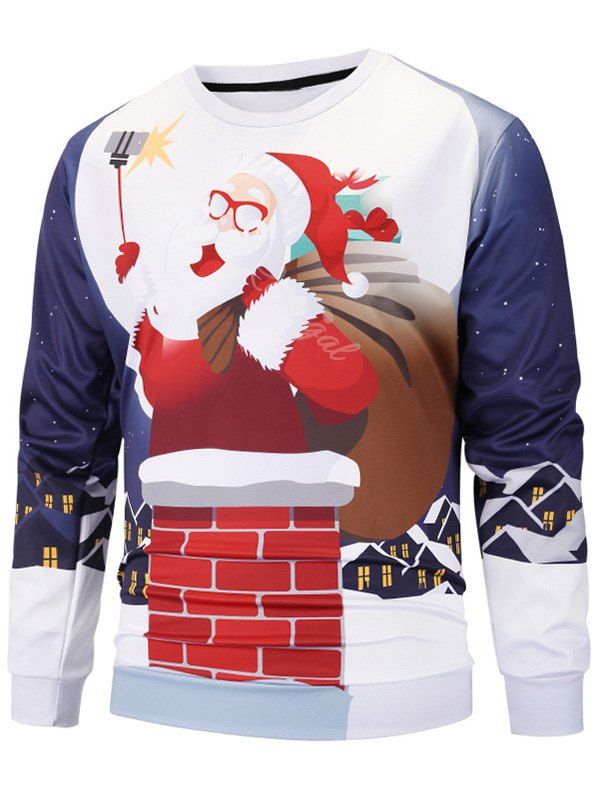 

Christmas Santa Print Crew Neck Sweatshirt, Warm white