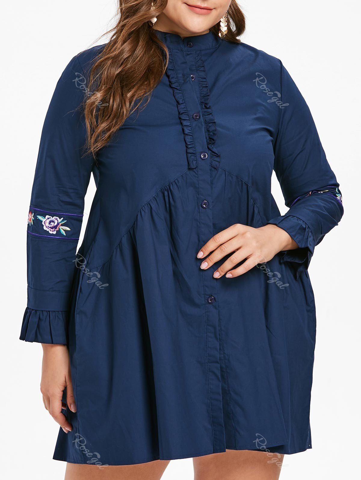 

Ruffle Trim Plus Size Embroidery Shirt Dress, Navy blue