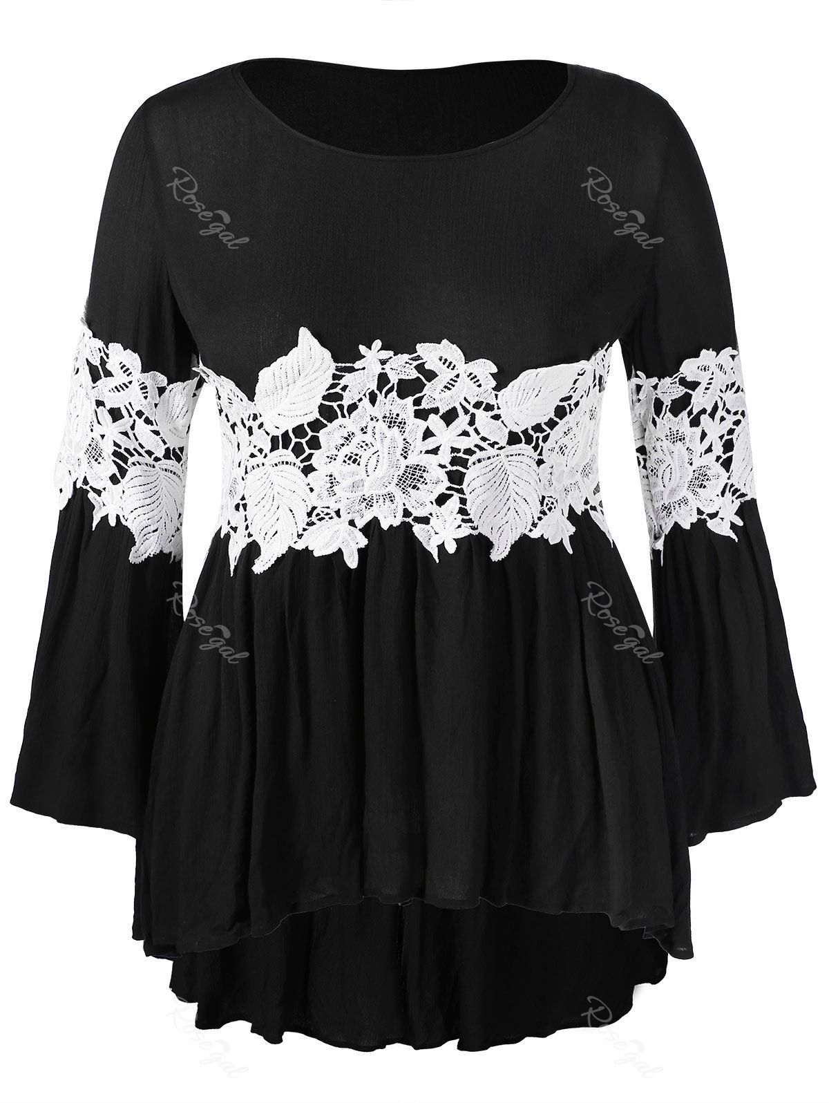 

Plus Size Lace Panel Asymmetric Contrast Tee, Black
