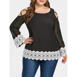 

Plus Size Contrast Lace Open Shoulder Blouse, Black