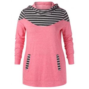 

Plus Size Striped Front Pocket Hoodie, Pink