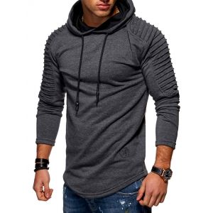 

Solid Pleated Sleeve Hem Curved Long Fleece Hoodie, Dark gray