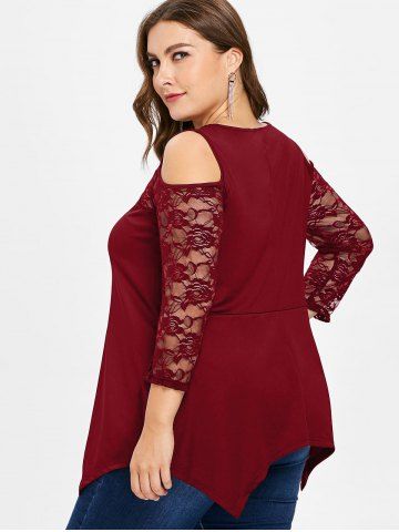 

Plus Size Lace Insert Cold Shoulder Top, Red wine