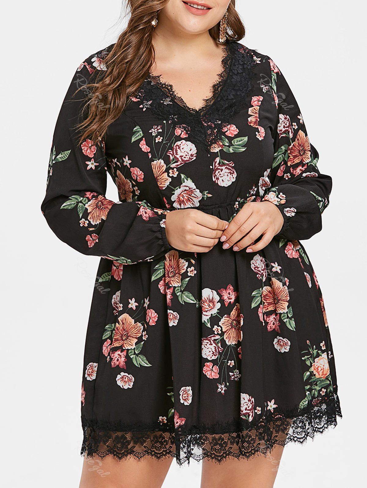 

Plus Size Floral Print Lace Up Mini Dress, Black