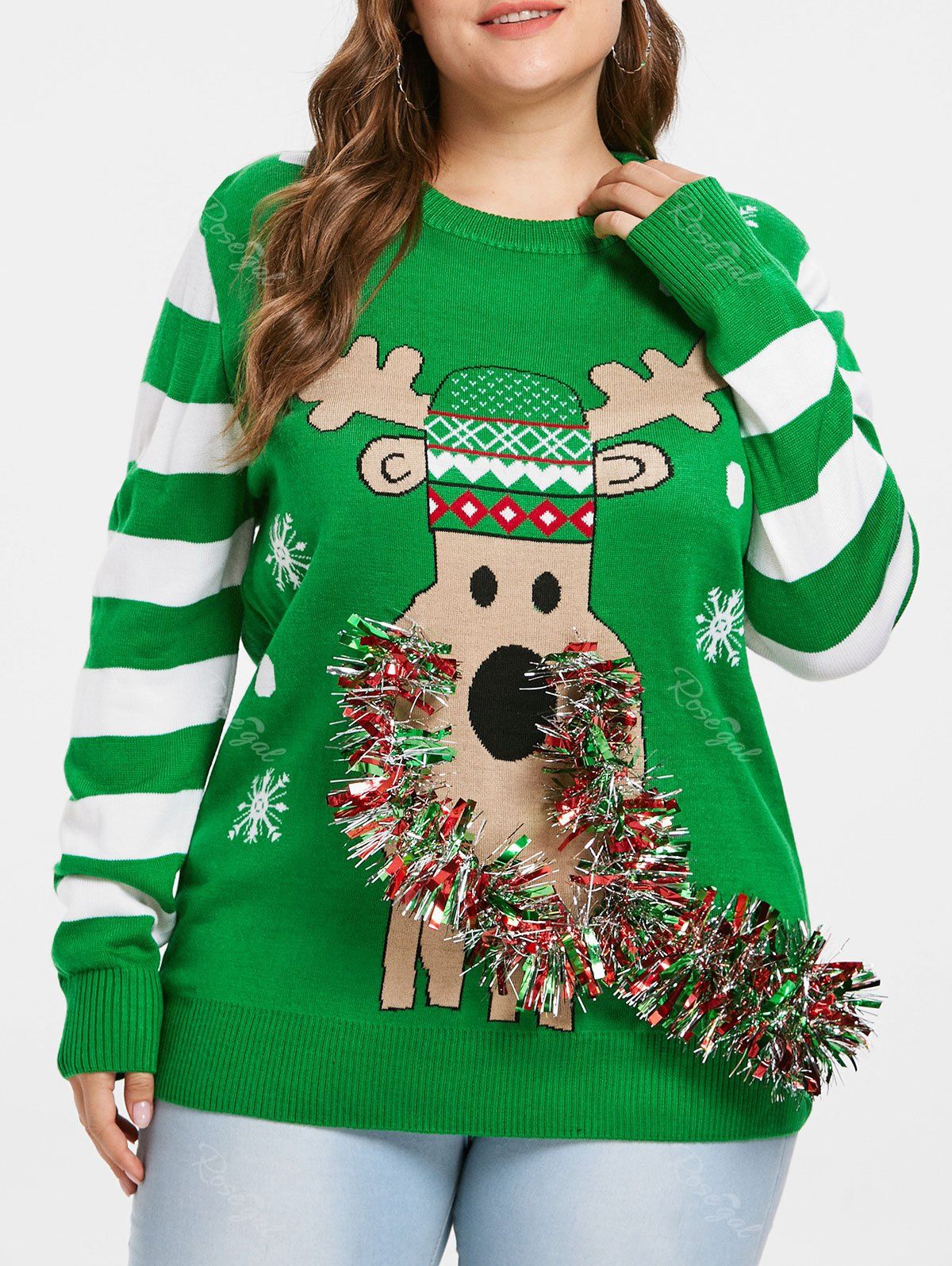 

Christmas Elk Print Plus Size Striped Panel Sweater, Green
