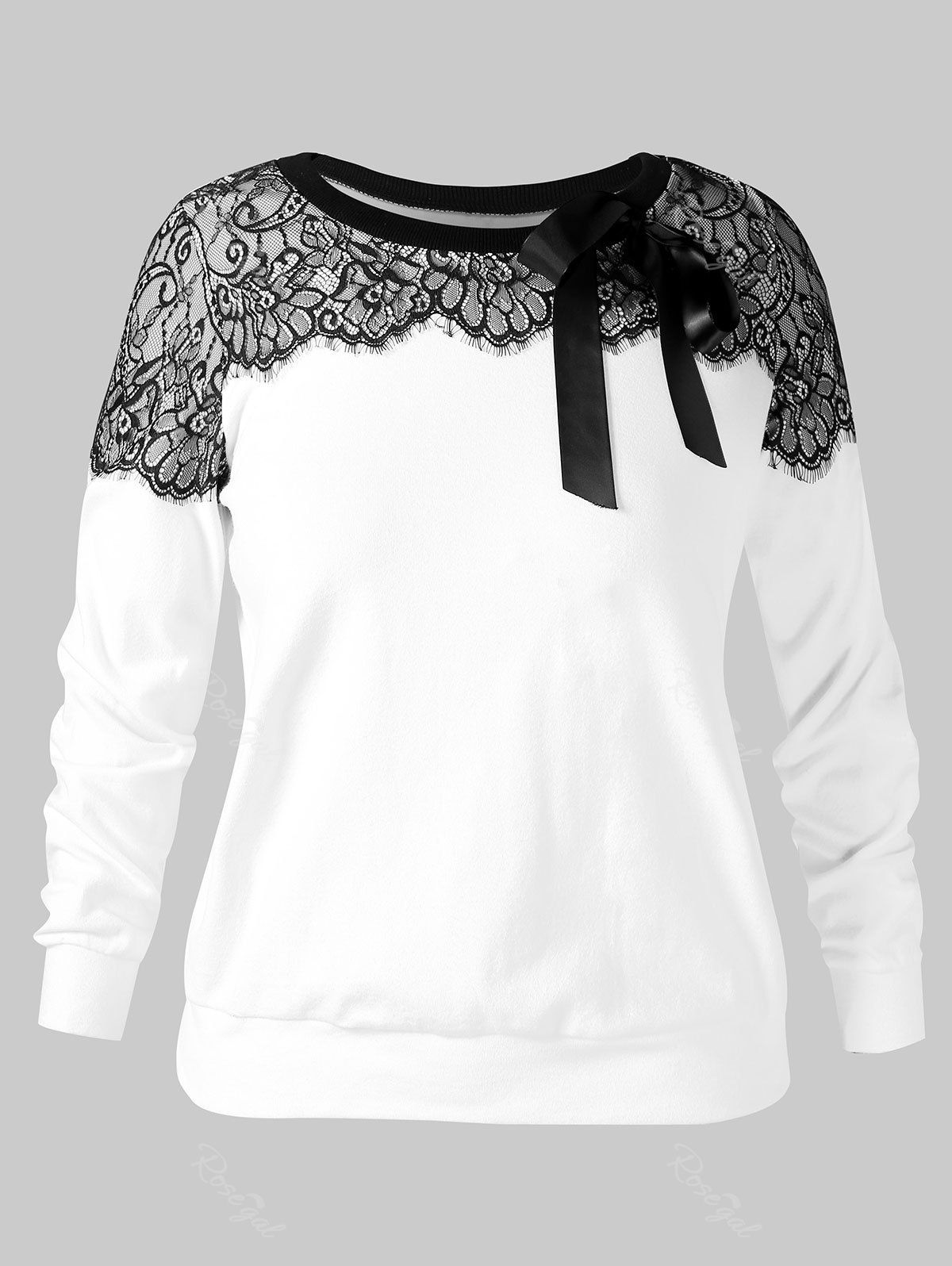 

Plus Size Bowknot Lace Panel Sweatshirt, White