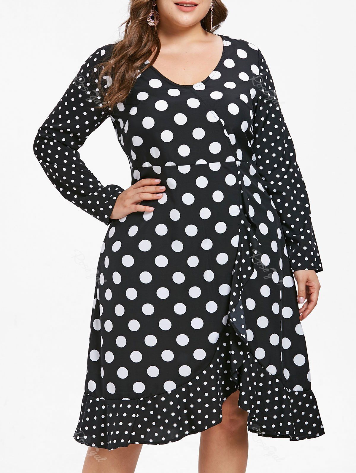 

Plus Size Polka Dot Overlap Dress, Black