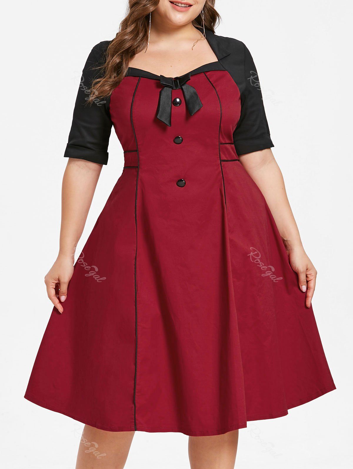 

Plus Size Two Tone Flared Dress, Red