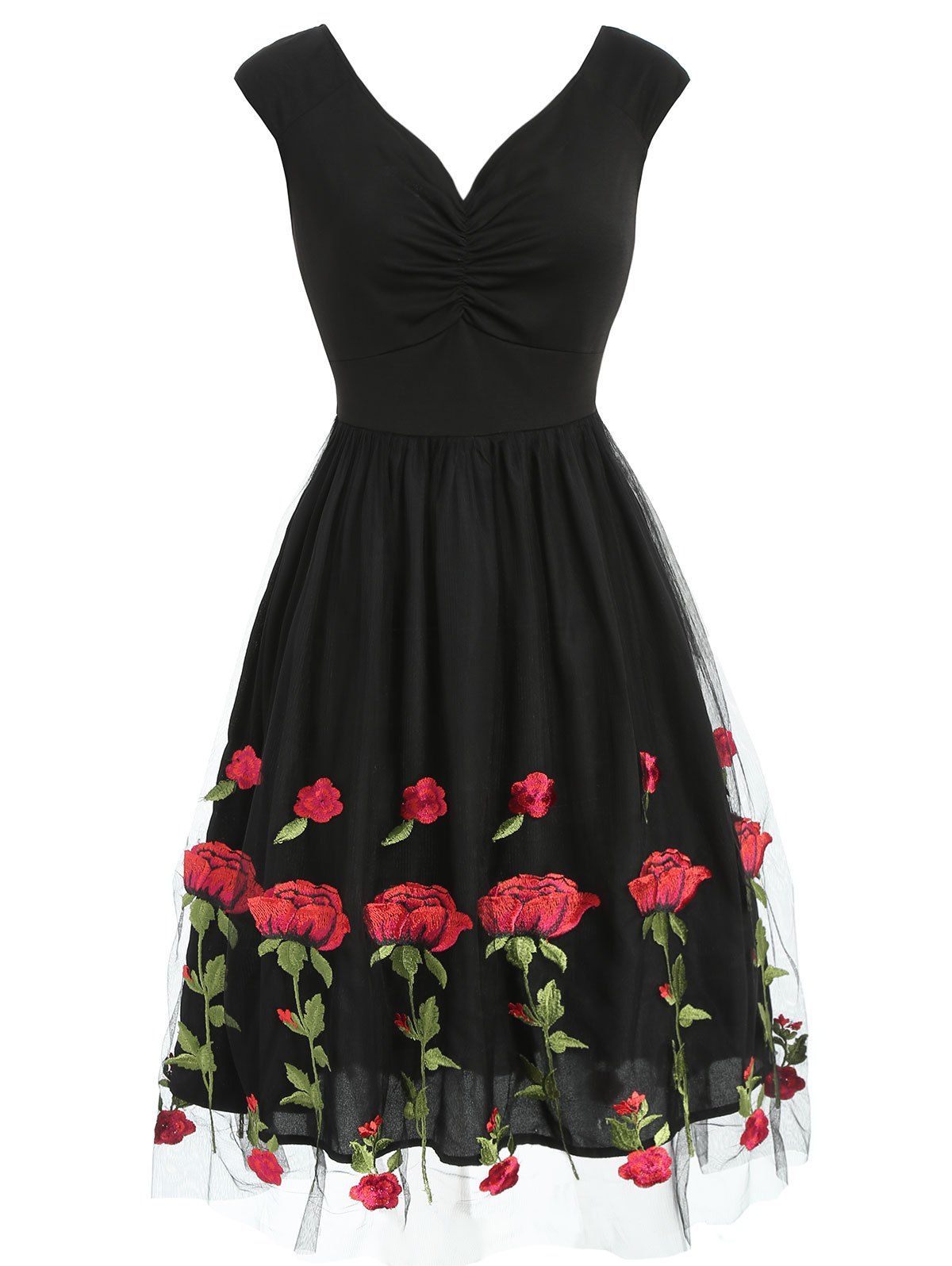 

Ruched Floral Embroidered Tulle Skater Dress, Black
