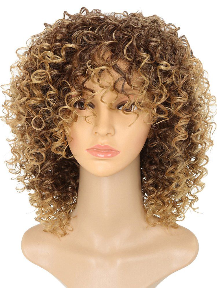 

Medium Neat Bang Capless Kinky Curly Synthetic Wig, Multi
