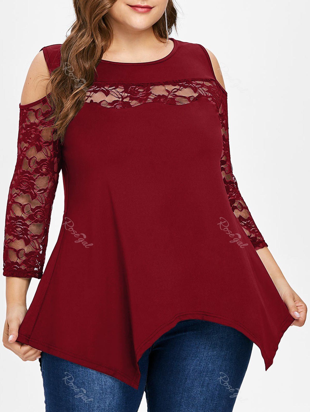 

Plus Size Lace Insert Cold Shoulder Tee, Red wine