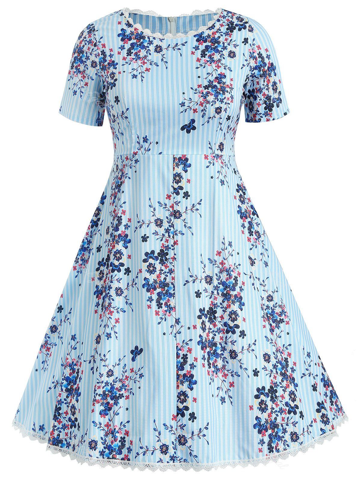 

Plus Size Flower Striped Flared Dress, Light blue
